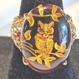 Carved Owl in Amber Acrylic with Cubic Zirconia Sterling Silver Ring Size 10